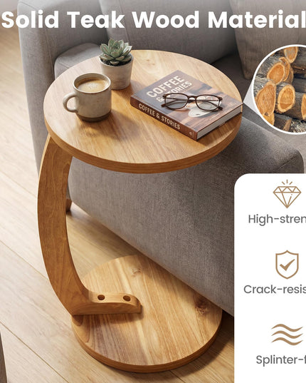 Giantex Tables d'appoint rondes en C en bois de teck massif (24 po), ensemble de 1 ou 2, tables d'extrémité pour canapé ou chevet