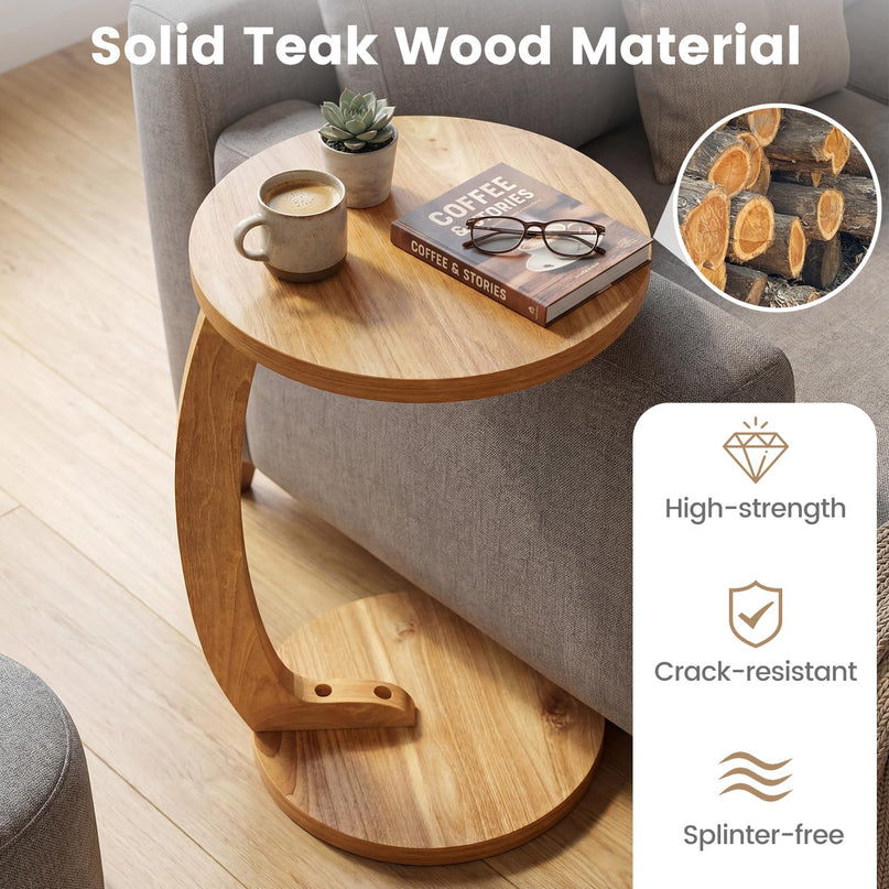 Giantex Tables d'appoint rondes en C en bois de teck massif (24 po), ensemble de 1 ou 2, tables d'extrémité pour canapé ou chevet