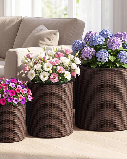 GIANTEX Set of 3 Rattan Round Flower Pot Set