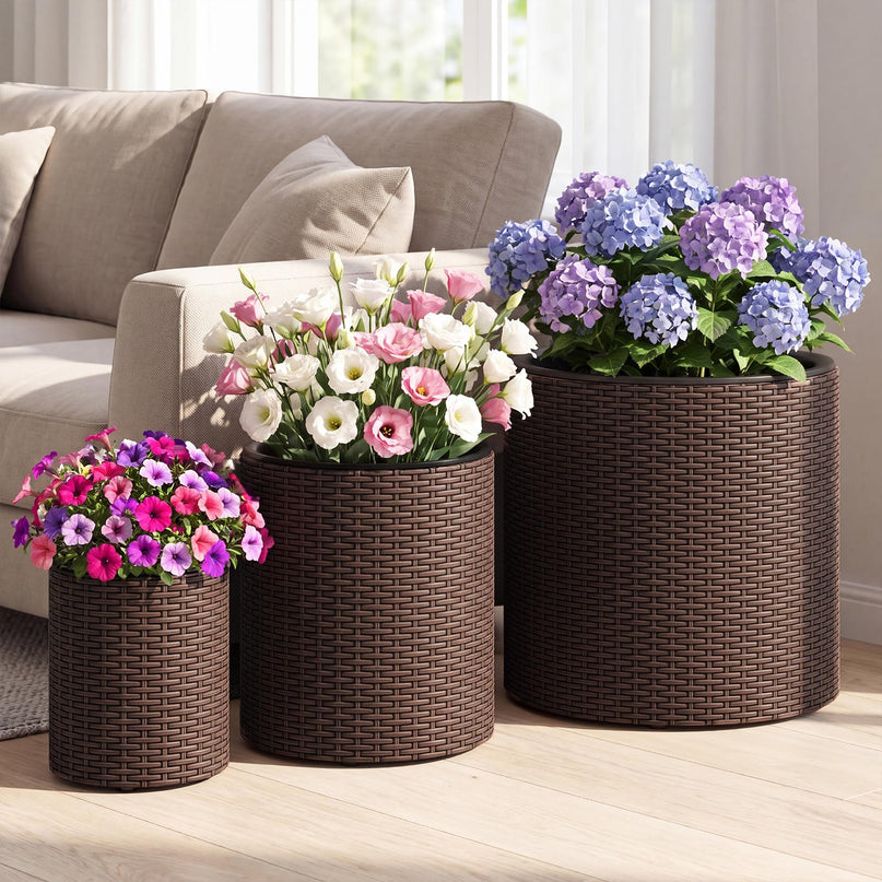 GIANTEX Set of 3 Rattan Round Flower Pot Set