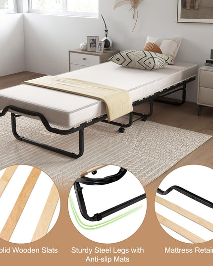 Giantex Folding Bed with Mattress, 75x31 Cot Size Bed Frame, Roll Away Beds with Mattresses for Adults