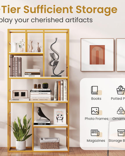 Giantex 5-Tier Bookshelf | 71" Freestanding Golden Bookcase with Open Storage Shelves
