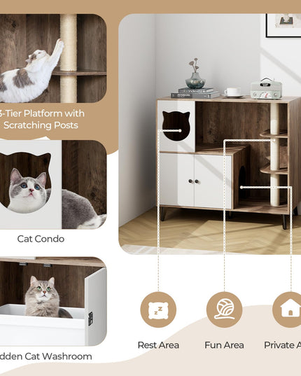 Giantex Cat Litter Box Enclosure - Wooden Cat House Washroom Hidden Furniture with Cat Tree