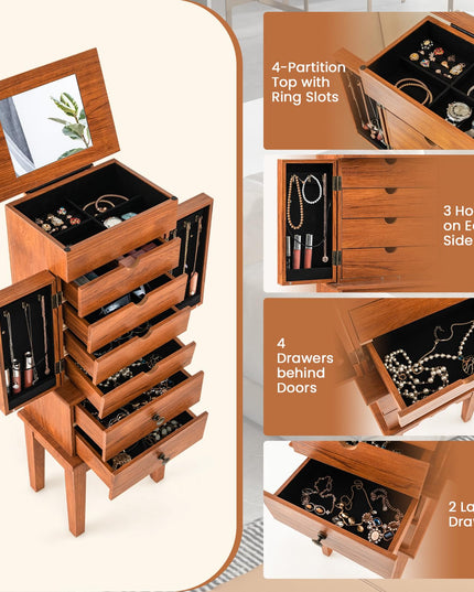 CHARMAID Jewelry Cabinet with 6 Drawers, Standing Jewelry Armoire with Flip Top Mirror, 2 Side Doors with 6 Necklace Hooks