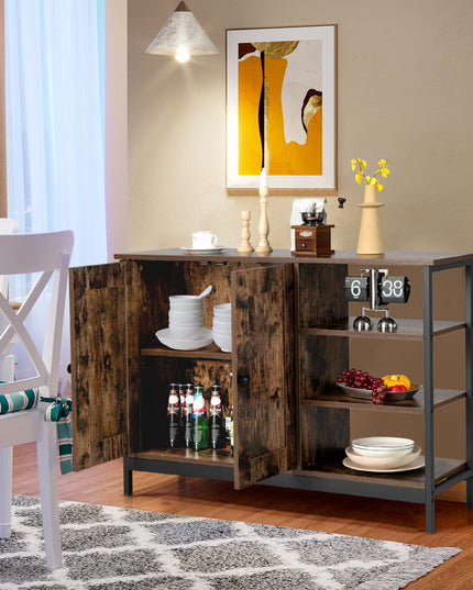 Giantex Industrial Kitchen Storage Cabinet w/Open Shelves, 2-Door Cupboard, Adjustable Shelf, Wooden Buffet Sideboard(Rustic Brown)
