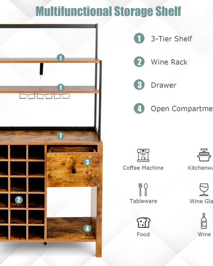 Giantex Sideboard with Hutch, 18 Bottles Wood Wine Rack, 1 Drawer, Standing 4-Tier Bakers Rack with Glass Holder