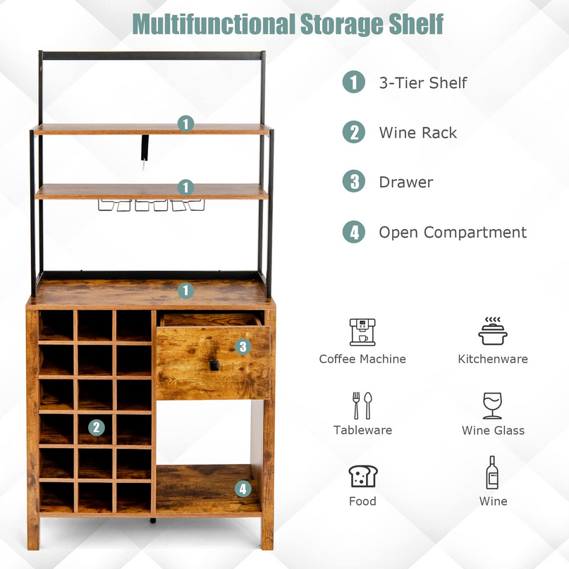 Giantex Sideboard with Hutch, 18 Bottles Wood Wine Rack, 1 Drawer, Standing 4-Tier Bakers Rack with Glass Holder
