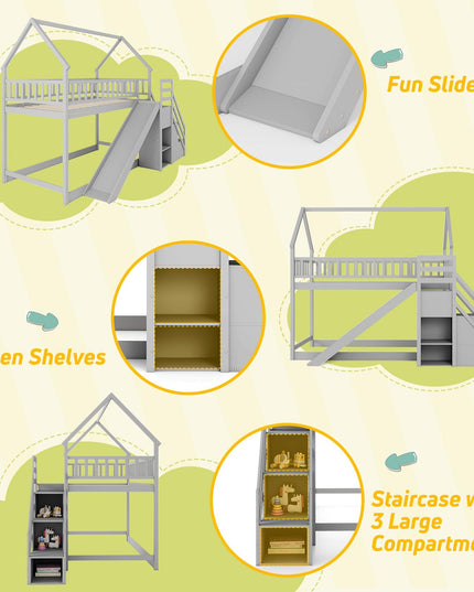 Giantex House Bunk Bed Twin Over Twin with Slide & Stairs for Kids Teens
