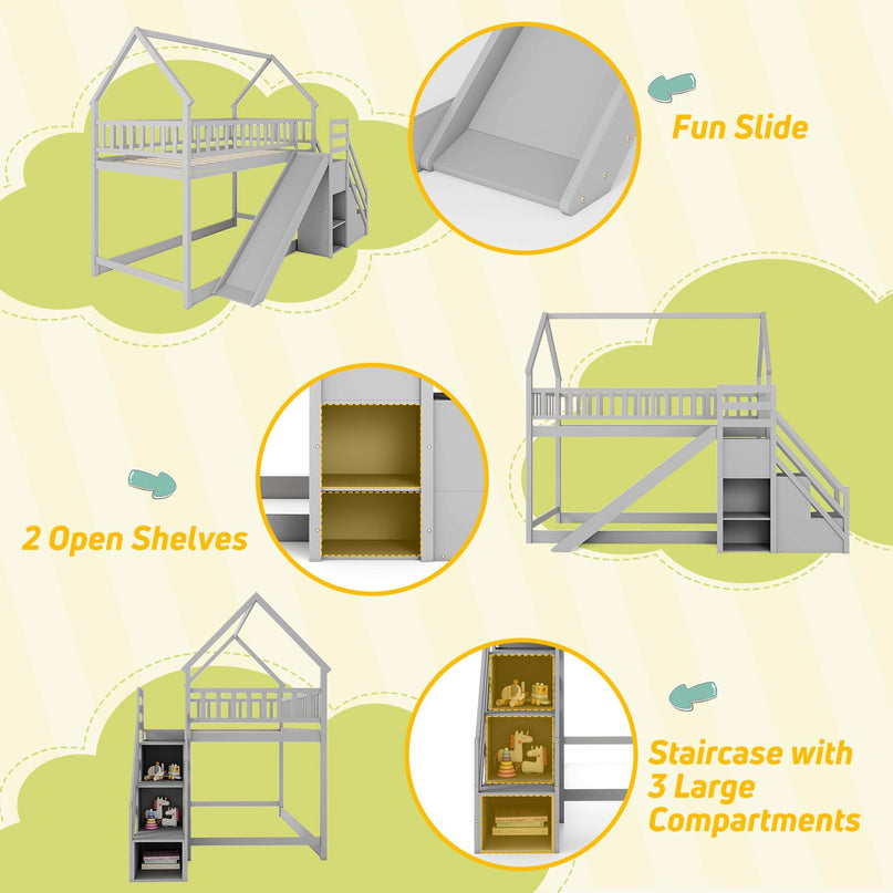 Giantex House Bunk Bed Twin Over Twin with Slide & Stairs for Kids Teens