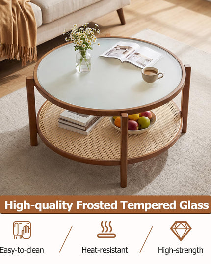 Giantex Rattan 35" Farmhouse Glass Center Table with Storage