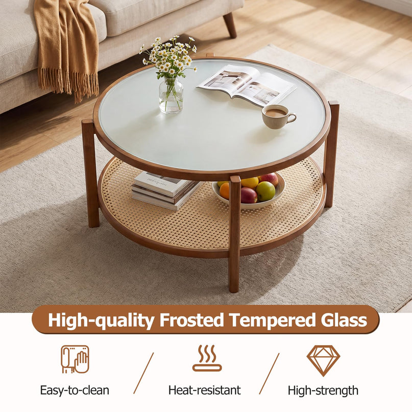 Giantex Rattan 35" Farmhouse Glass Center Table with Storage
