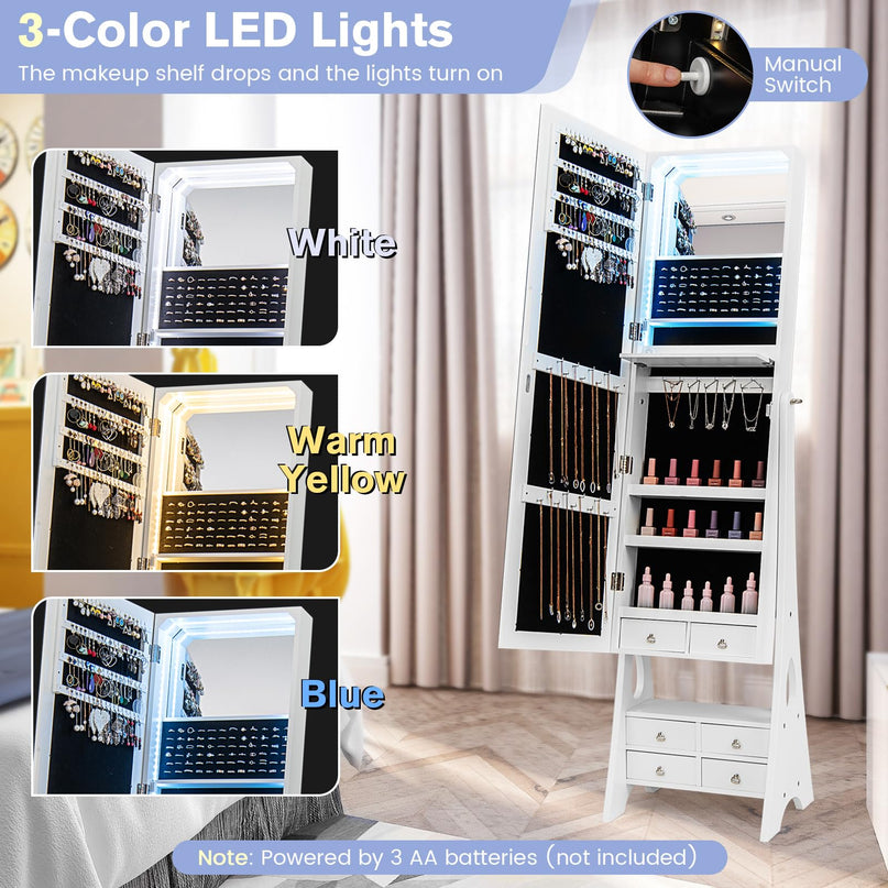 Jewelry Armoire with Full Length Door Mirror & Inside Lighted Vanity Mirror