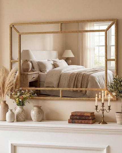 CHARMAID Gold Beaded Wall Mirror | Decorative Vanity Mirrors for Bathroom