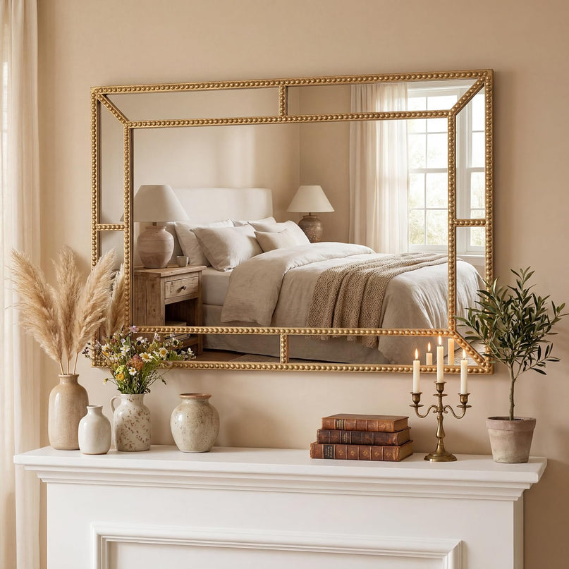 CHARMAID Gold Beaded Wall Mirror | Decorative Vanity Mirrors for Bathroom