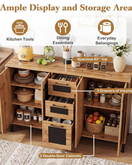 Giantex 63” Large Farmhouse Sideboard Buffet Cabinet with 3 Drawers & Storage Shelves