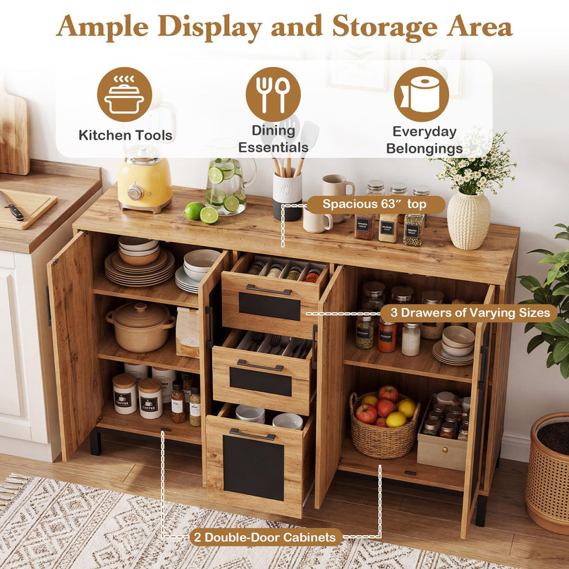 Giantex Buffet de style rustique de 160 cm avec 3 tiroirs et étagères de rangement