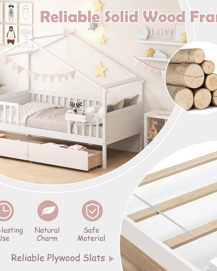 Giantex Twin House Bed with Drawers, Wooden Twin Bed Frame with Cube Storage & Fence Rails
