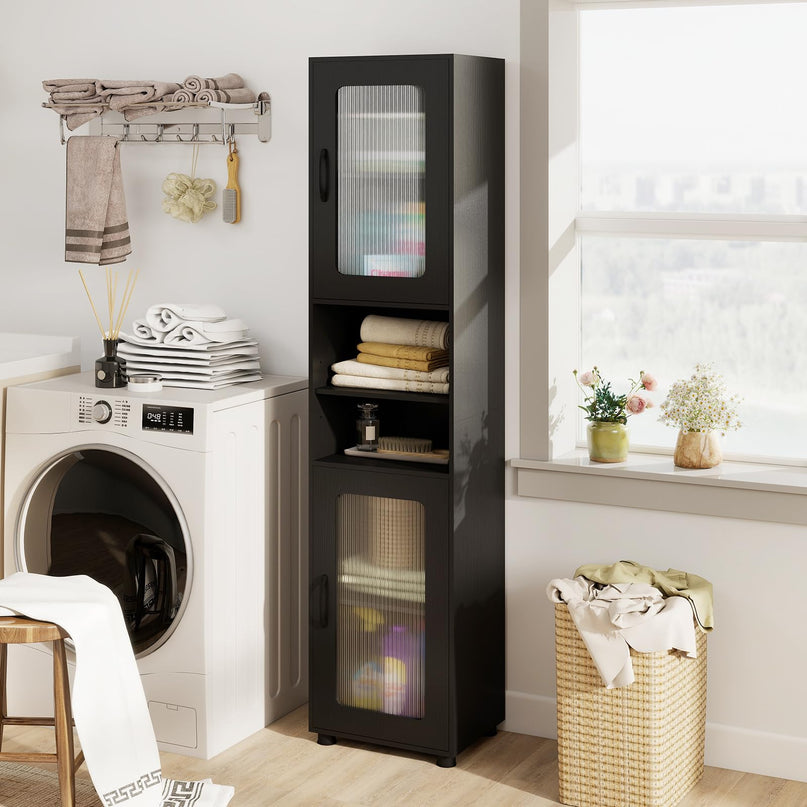 Giantex 67" Tall Narrow Freestanding Bathroom Storage Cabinet with 2 Fluted Doors