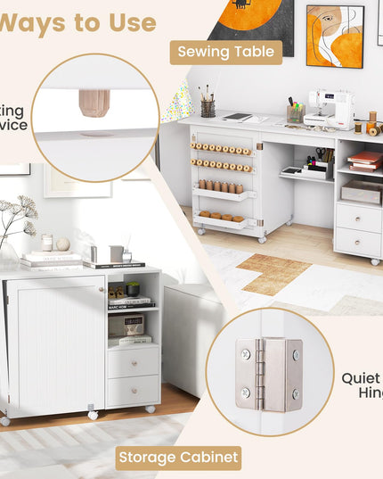 Giantex Folding Sewing Table with Charging Station, Rolling Craft Table with Storage Shelves and Drawers