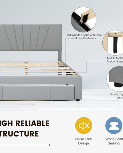 Giantex Upholstered Queen Bed Frame with Drawer, Modern Platform Bed with Storage & Adjustable Headboard