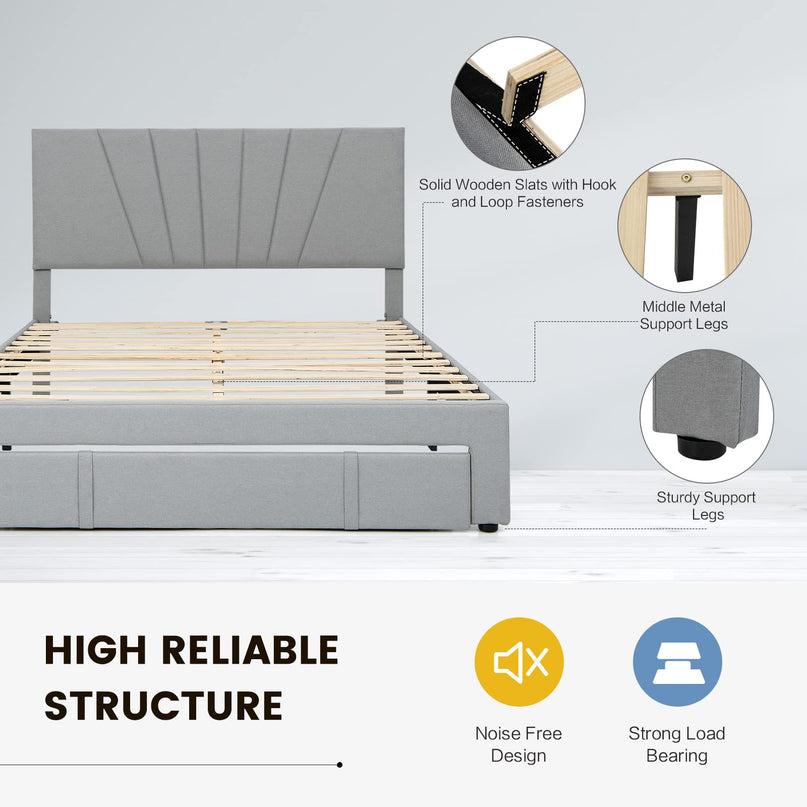 Giantex Upholstered Queen Bed Frame with Drawer, Modern Platform Bed with Storage & Adjustable Headboard