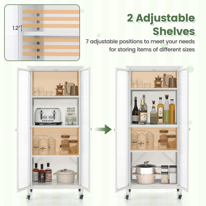 Giantex Bookcase with Doors, 58" Tall 4-Tier Bookshelf with Wheels, Adjustable Shelves (White)