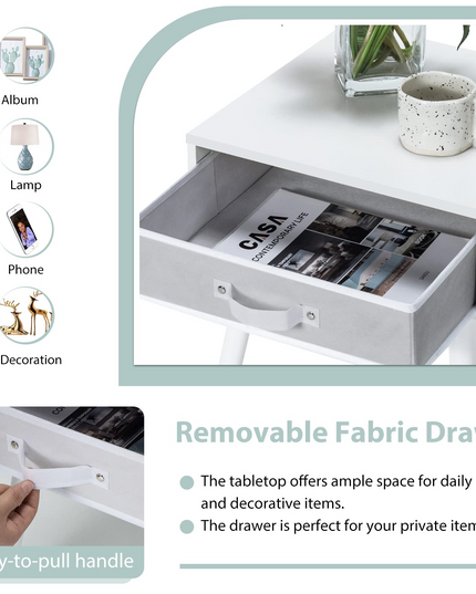 End Table Accent Bedside Table W/ 1 Removable Fabric Drawer and Solid Wooden Legs