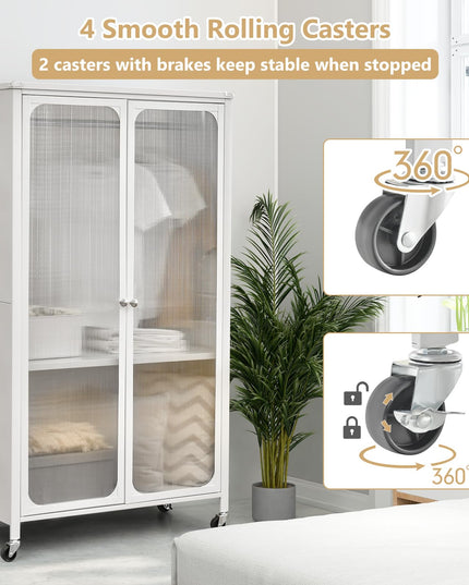 Portable Closet with Rollers, Mobile Metal Armoire Closet with Hanging Rod