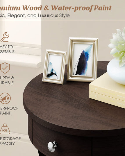 Giantex Round End Table with Drawer, 2-Tier Wood Side Table w/Open Shelf