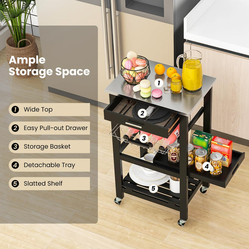 Giantex Rolling Kitchen Storage Cart with Stainless Steel Tabletop