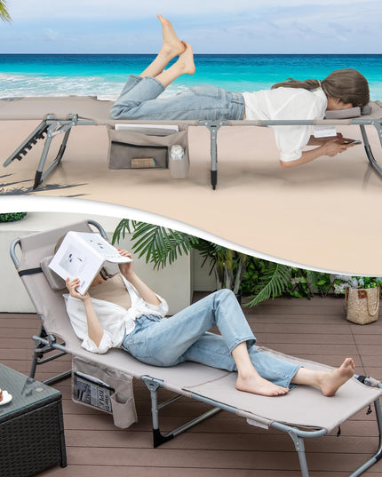 Giantex Folding Beach Tanning Chair - Outdoor Chaise Lounge Chair, 5-Position Adjustable Lounger with Face Hole