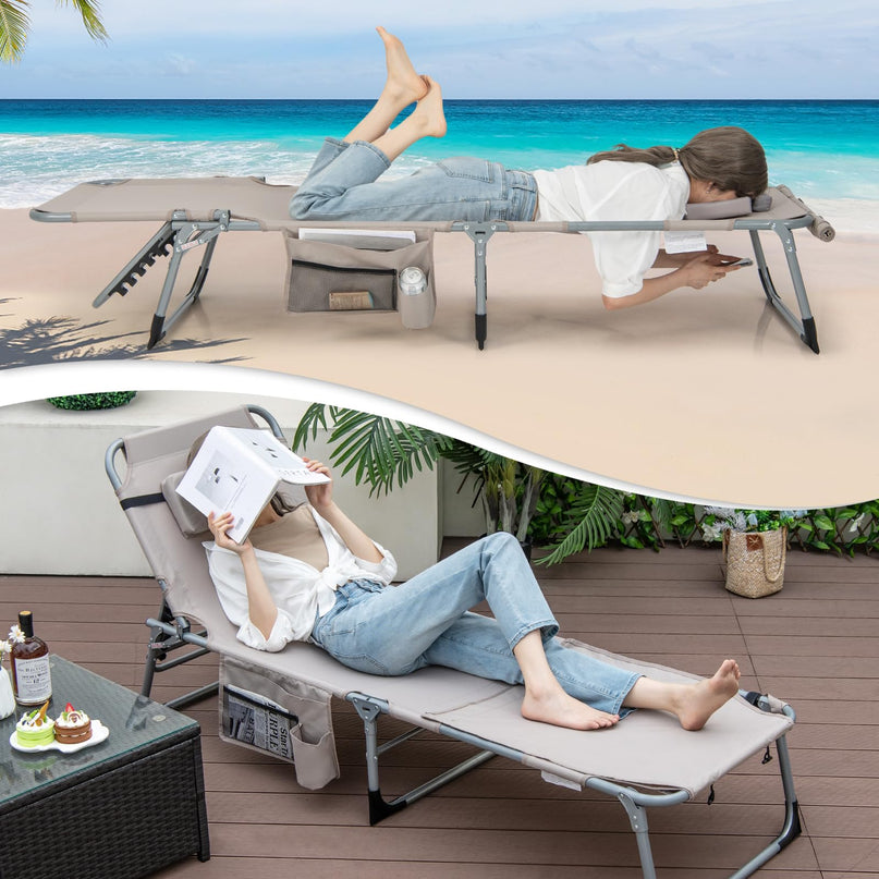 Giantex Folding Beach Tanning Chair - Outdoor Chaise Lounge Chair, 5-Position Adjustable Lounger with Face Hole