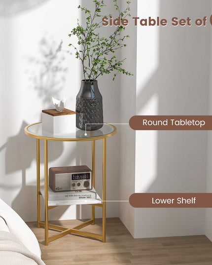 Giantex Glass End Table Set of 2, Round Side Table with Faux Marble Storage Shelf and Glass Top, Gold