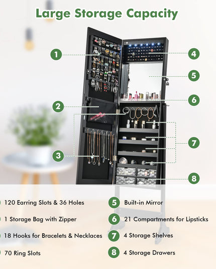 CHARMAID 6 LEDs Jewelry Cabinet Armoire with High Full length Mirror, Lockable Standing Jewelry Organizer Storage with lipstick Tray