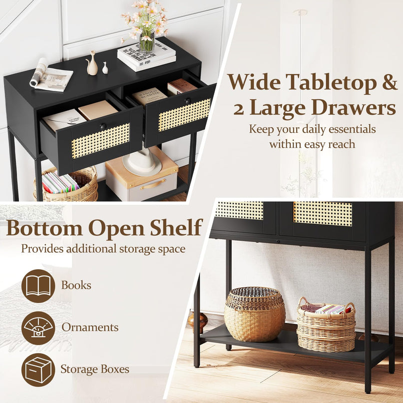 Console géante en rotin bohème de 81 cm avec 2 tiroirs et cadre en métal