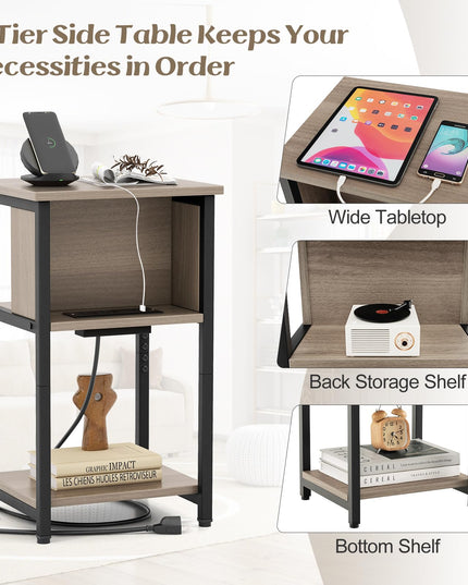 Giantex Nightstand with Charging Station, 3-Tier End Table with USB Ports & Power Outlets