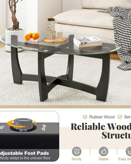 Giantex Glass Coffee Table, 48" Oval Accent Tea Table with Tempered Glass Top & Solid Wood Structure