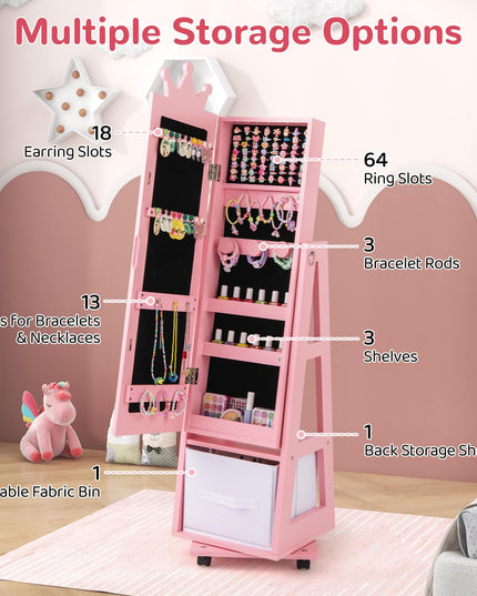 CHARMAID 360° Swivel Kids Jewelry Cabinet, 48" Standing Jewelry Organizer with Full Length Mirror, Storage Drawer