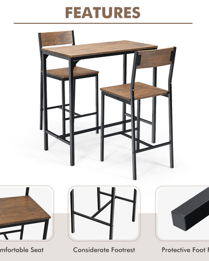 Giantex 3 Piece Pub Table Set, Bar Table and Chairs Set of 2, Rustic Brown