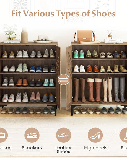 Meuble Organiseur de Chaussures Giantex à 4 Niveaux en Bois avec Portes Tressées Creuses et Étagères Amovibles