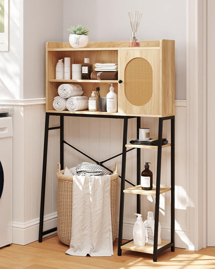 Giantex Over The Toilet Storage Cabinet, Freestanding Storage Organizer Above Toilet with PE Rattan Door and Adjustable Shelf
