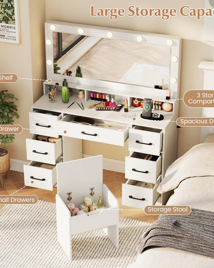 Vanity Desk with Mirror and Lights for Bedroom