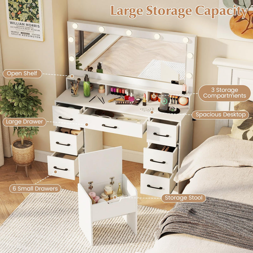 Vanity Desk with Mirror and Lights for Bedroom