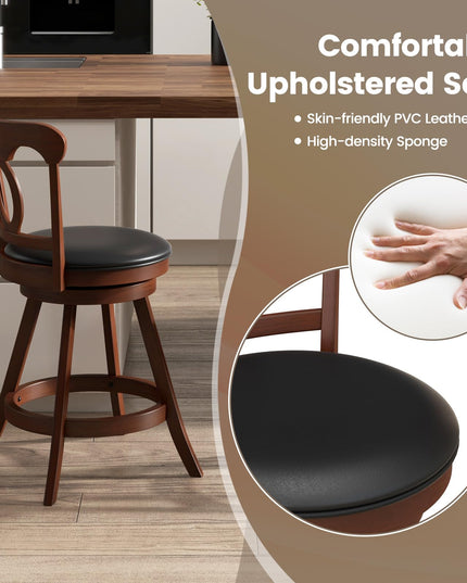 Giantex Swivel Bar Stools Set of 2, 24" Counter Height Barstools with Back, Solid Rubber Wood Frame