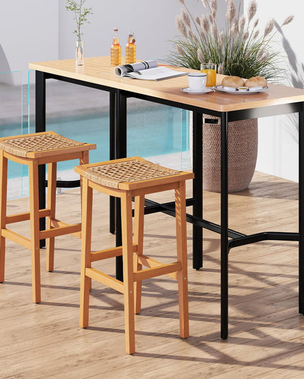 Giantex Outdoor Wooden Bar Stools Set of 2/4 with PE Rattan Saddle Seat & Footrest