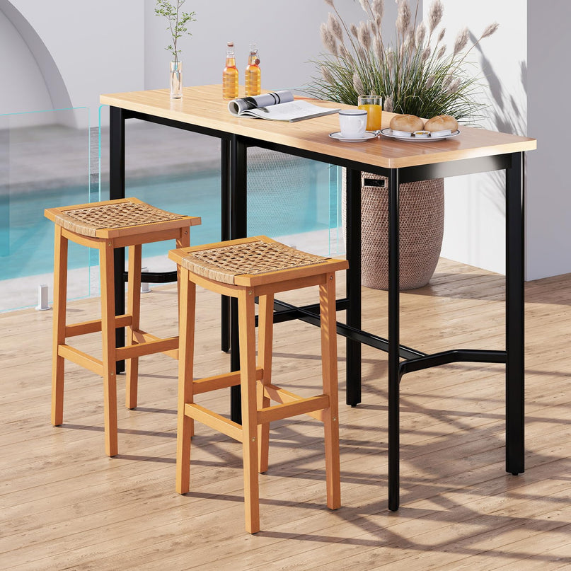 Giantex Outdoor Wooden Bar Stools Set of 2/4 with PE Rattan Saddle Seat & Footrest
