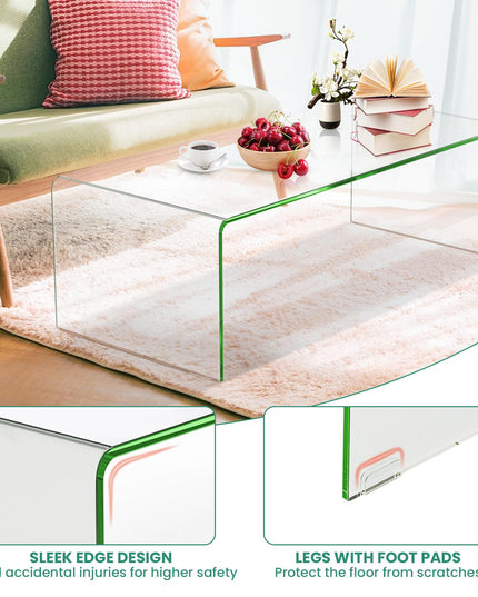 Giantex 42.5 Inch Clear Tempered Glass Center Table with with 4 Foot Pads and Round Edges