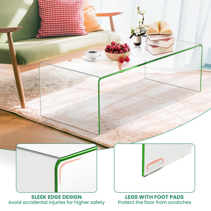 Giantex 42.5 Inch Clear Tempered Glass Center Table with with 4 Foot Pads and Round Edges