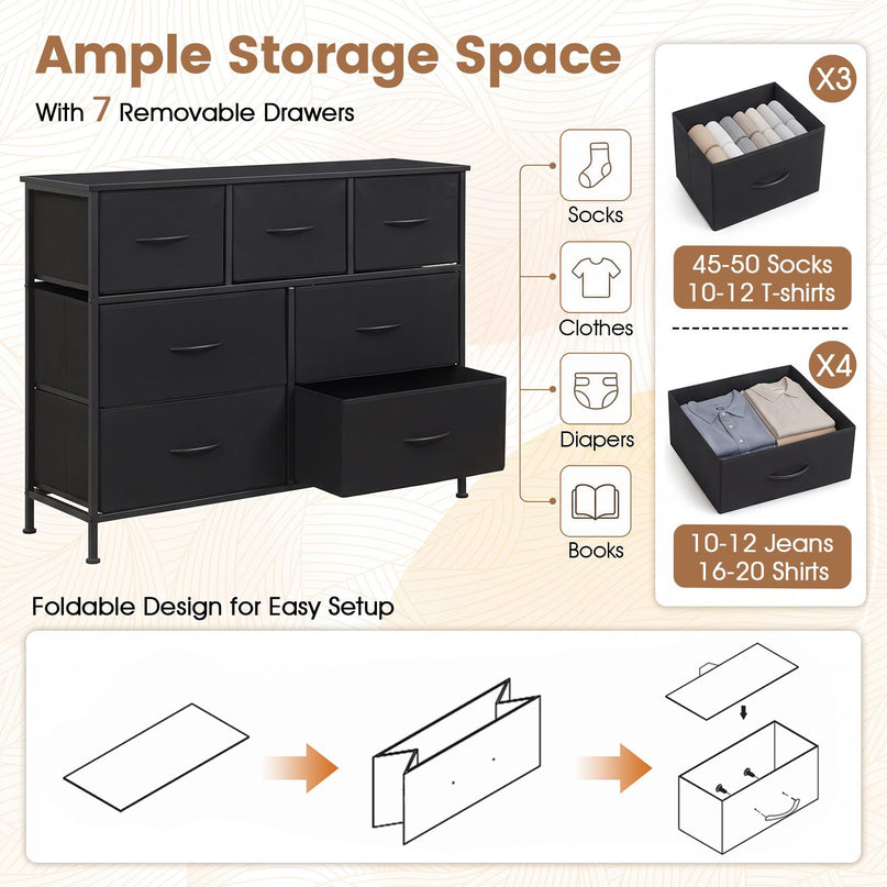 GIANTEX 7-Drawer Wide Dresser with 2-Sized Folding Fabric Drawers & 2 Anti-tipping Kits