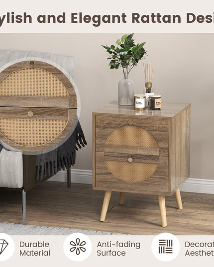 Giantex Rattan Nightstand Set of 2, Boho Bedside Tables with 2 Rattan Drawers